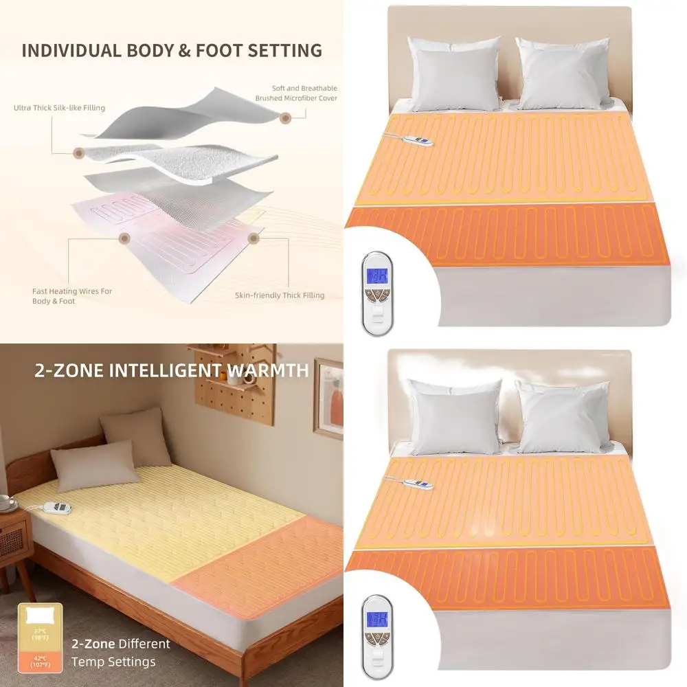 

Двойной наматрасник с электрическим подогревом, 9 уровней нагрева, автоматическое отключение 1–12 часов, отдельные устройства управления корпусом и ногами, удобная моющаяся основа