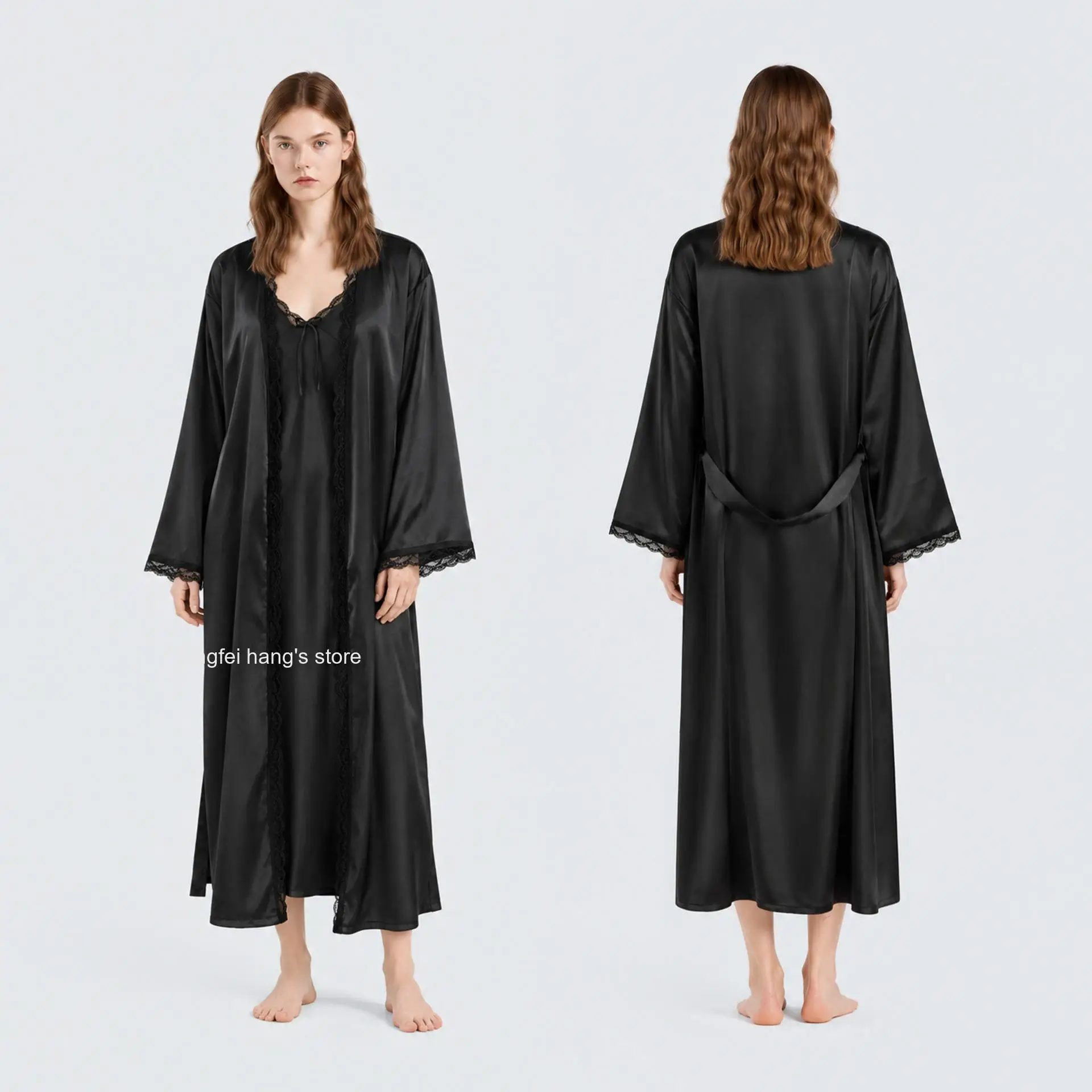 Women 2Pcs Silk Satin Sleepwear Set Loose Spaghetti Strap Nightgown with Tie Waist Long Robe Elegant Soft Home Loungewear