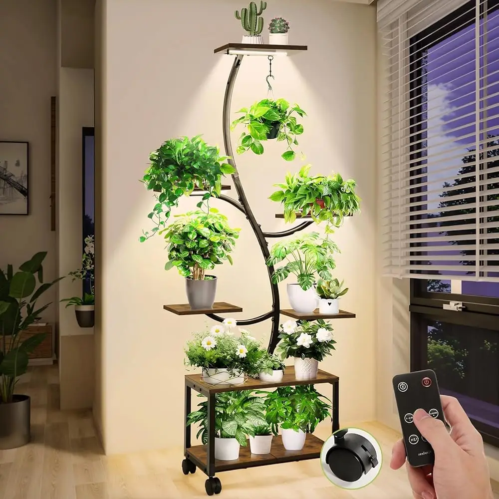 

Plant Stand Indoor With Grow Lights, 62"" Plant Stand With Locking Wheels, 7 Tiered Plant Shelf Adjustable Brightn With Remote