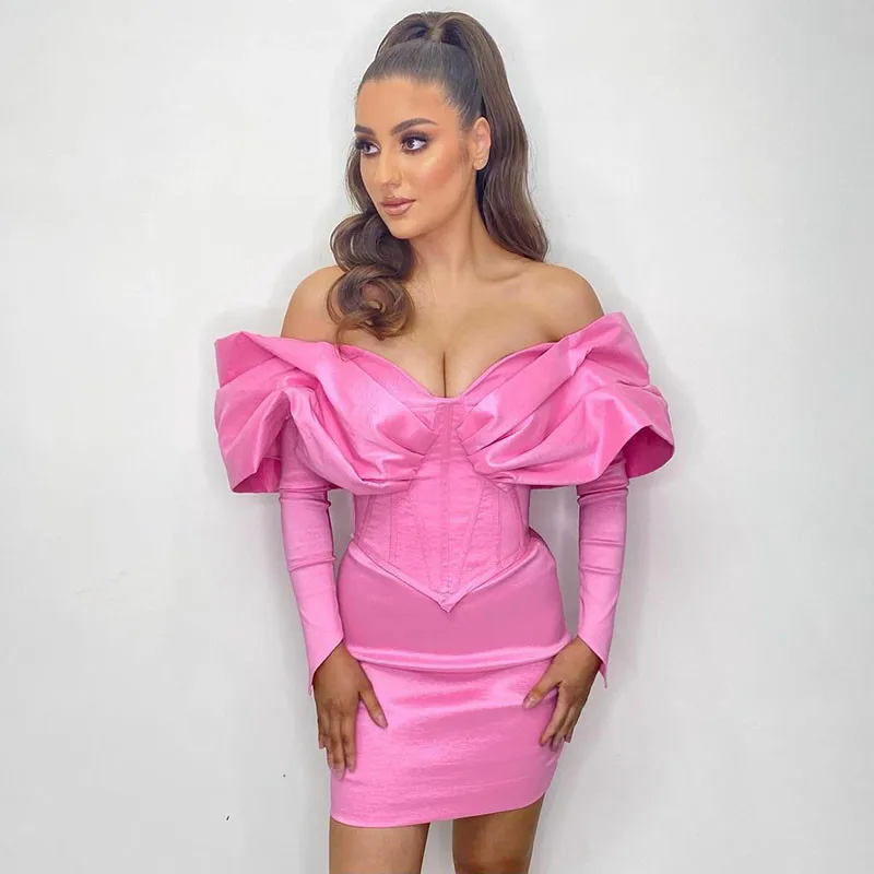 

BridalAffair Pink Mermaid Prom Dress Satin Long Sleeves Party Club Gowns Customize Above Length Women Dress Robes de soirée