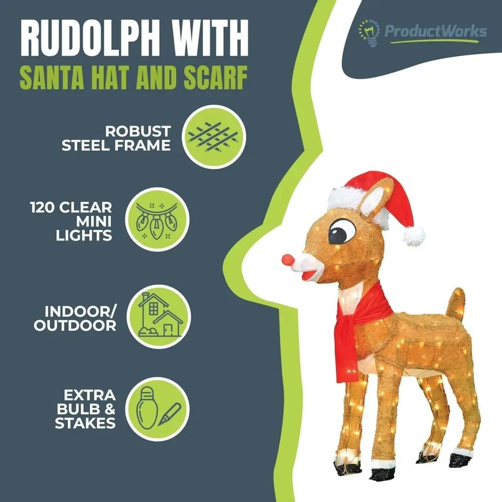 32 Inch Rudolph The Red-Nosed Reindeer Santa Hat and Scarf - Indoor/Outdoor Christmas Yard Ornament for Holiday Display