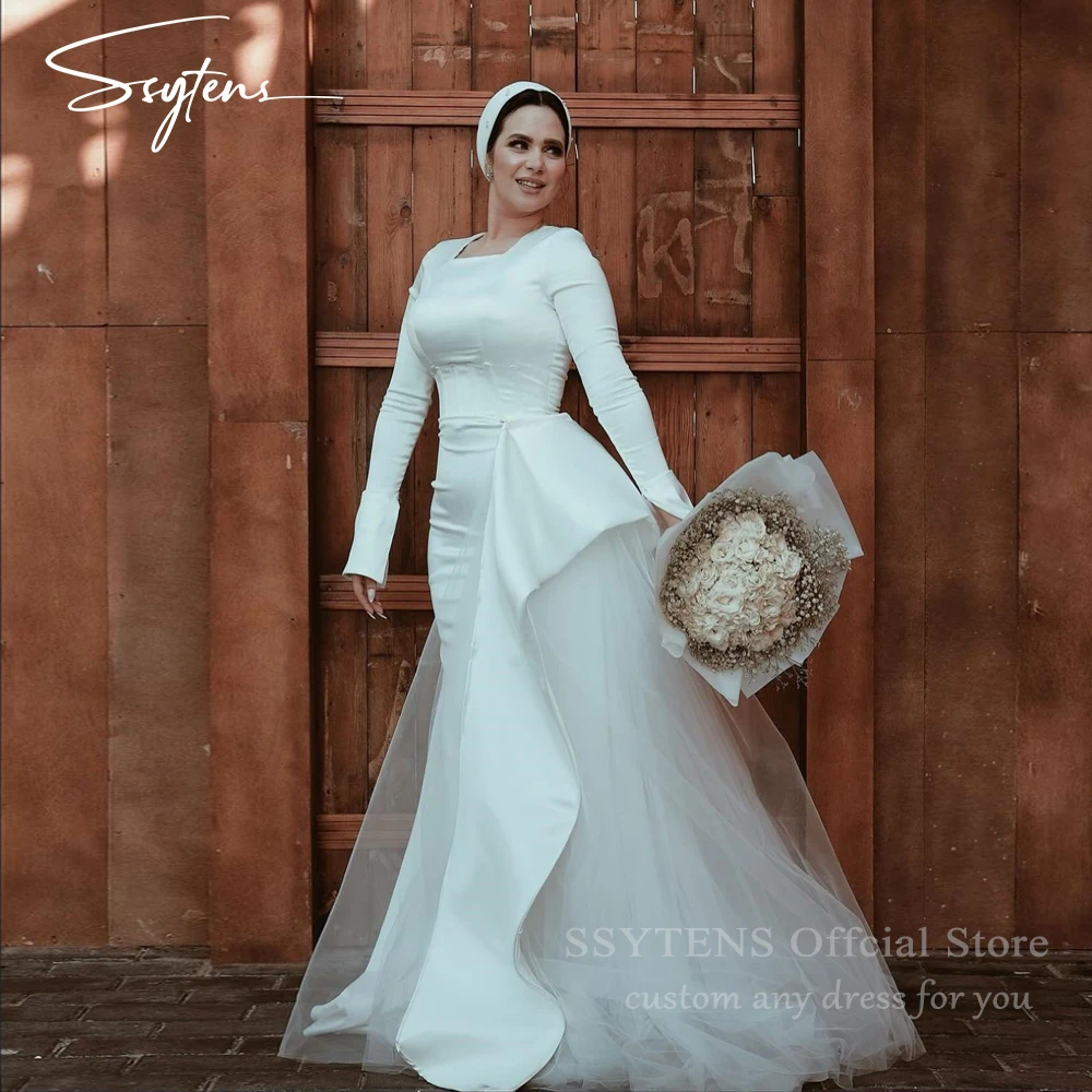 SSYTENS Modern Satin Mermaid White Wedding Dress For Woman Saudi Bride Dresses Square Neck Long Sleeves Dubai Civil Bridal Gowns