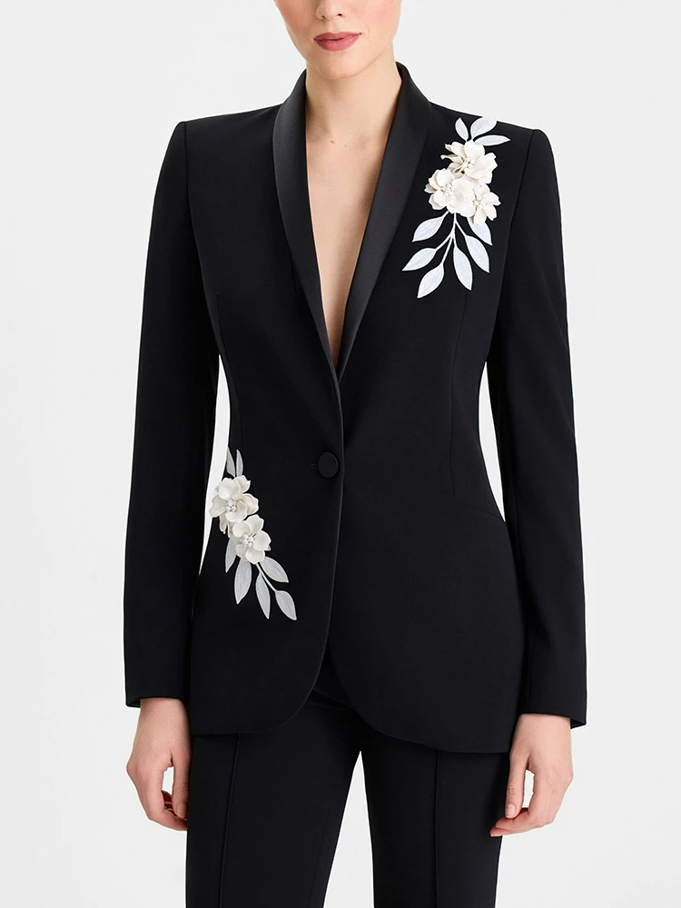 Women's Luxury Floral Embroidered Black Pantsuit Slim Fit Blazer And Pants Set Single Button Formal Two Piece Suit Elegant Eveni
