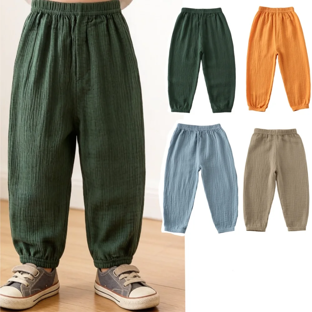 Sommer-Kinderhosen Lässige Mädchen- und Jungenhosen aus Baumwolle und Leinen Einfarbige Weite Plissierte Hosen Mädchen-Haremshosen mit Hoher Taille