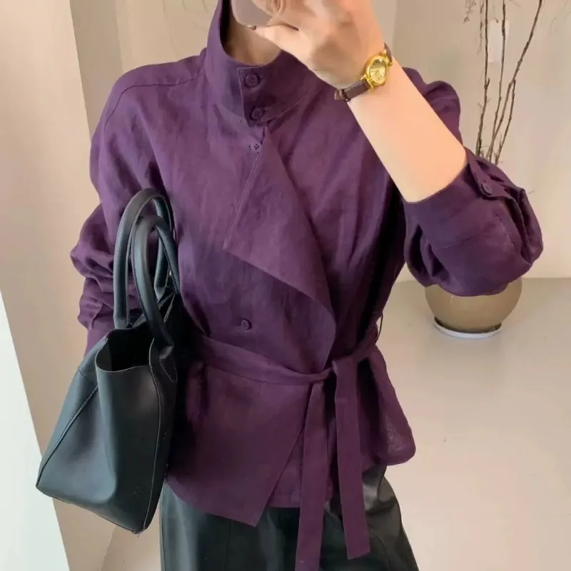 

Новые осенние модные рубашки с длинными рукавами для женщин, рубашки с поясом, однобортные топы, блузки