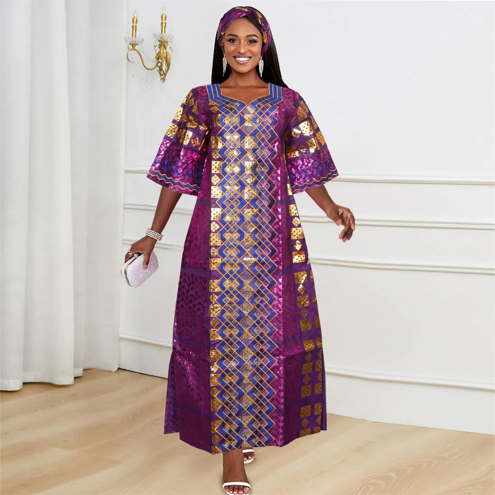 H&D New African Dresses For Women Embroidery Bazin Dresses Ankara Rich Long Robes Gold stamping Party Tradition Wedding Ramadan