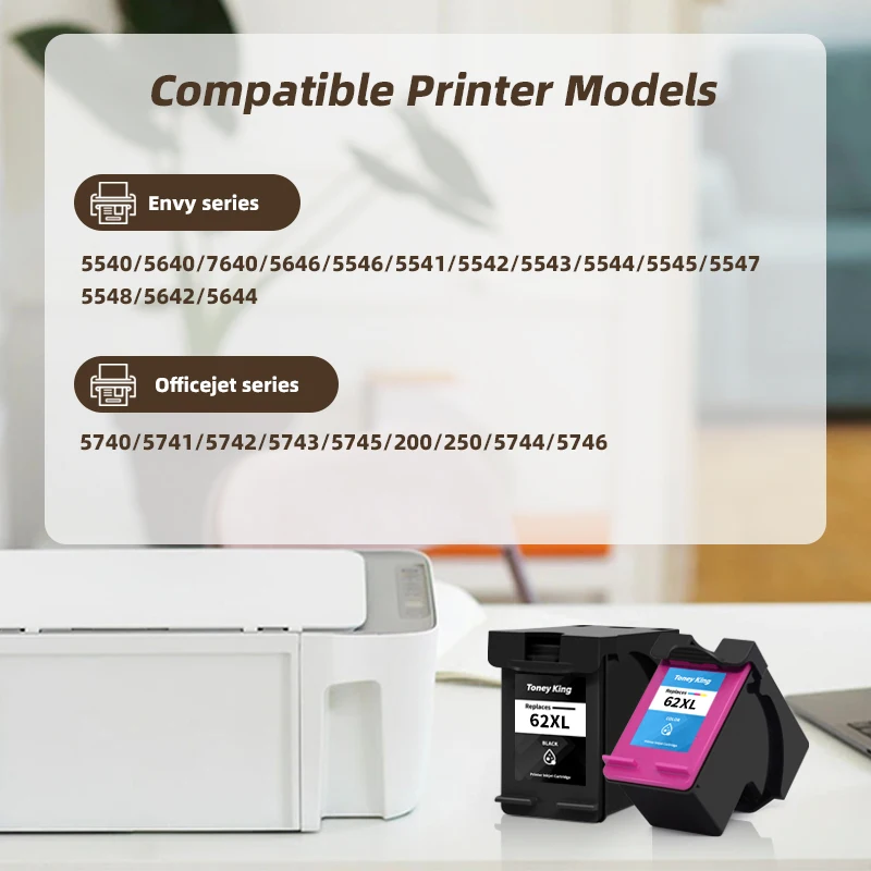 TONEY KING Compatible Ink Cartridge For HP62 62XL For HP Envy 5640 5660 7640 5540 5545 5546 5548 Officejet 5740 5741 5742 200