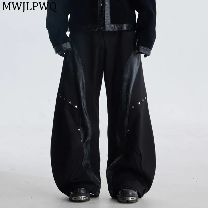 

MWJLPWQ Man's Deconstructed Snake Pattern Leather Suit Trousers Line Rivet Machete Black Loose Wide-Leg Casual Pants Tide 11637