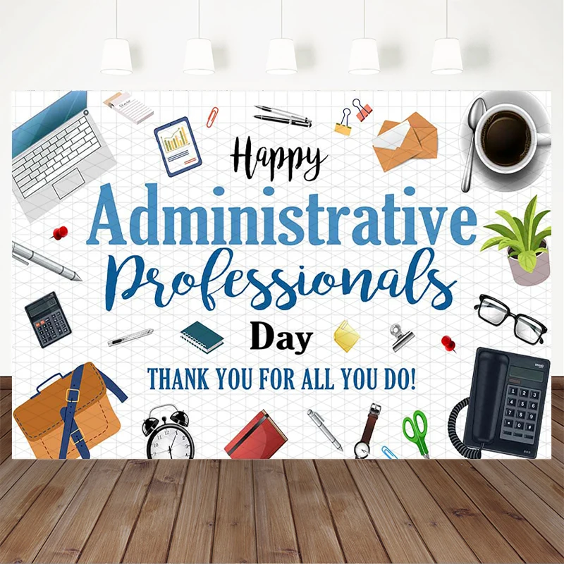 Mocsicka Happy Administrative Professionals Day Backdrop Grid Office Tools Supplies Photography Background Party White Banner