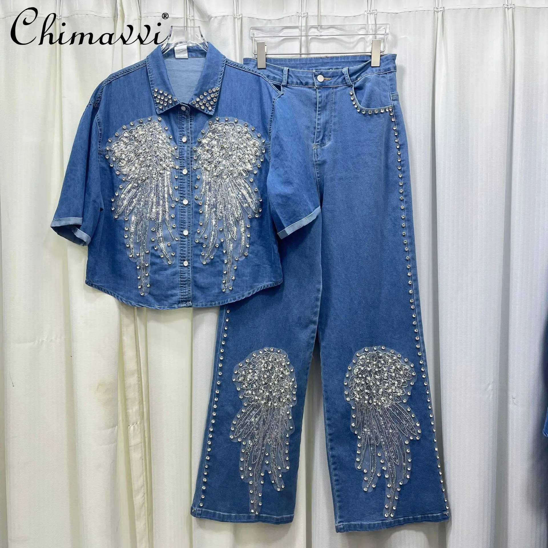 

2026 Summer New Heavy Industry Wings Sequin Hot Diamond Denim Suit Women's Short Sleeve Shirt High Waist Loose Pants 2pcs