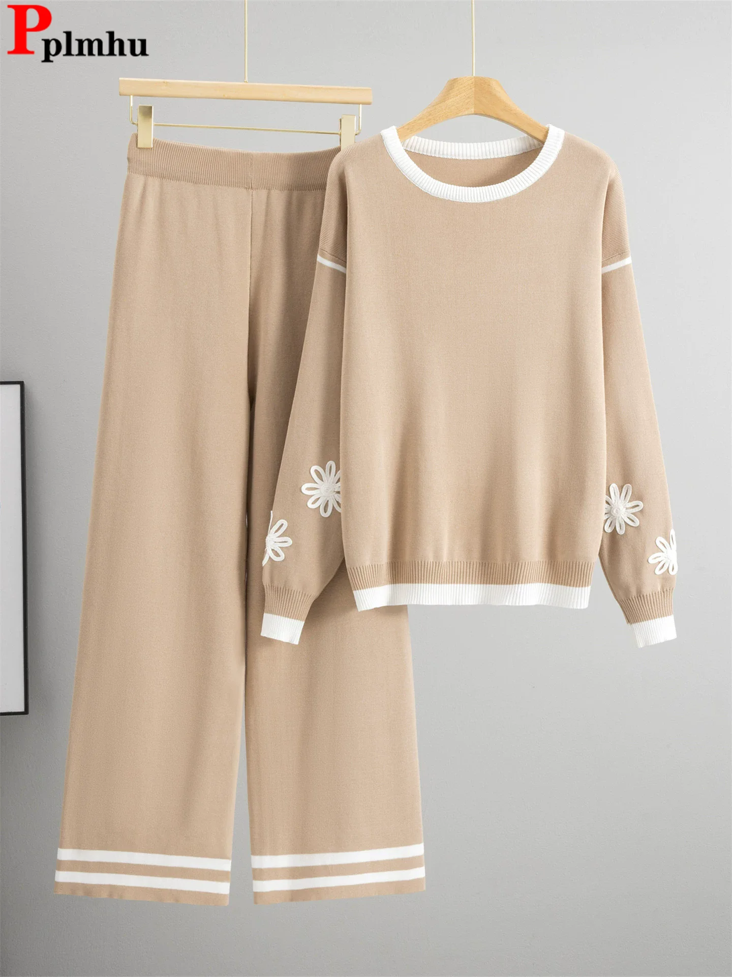 

Flower Design Knit 2 Piece Sets Women O-neck Long Sleeve Sweater Pullover Tops Conjuntos Korean High Waist Straight Pants Outfit