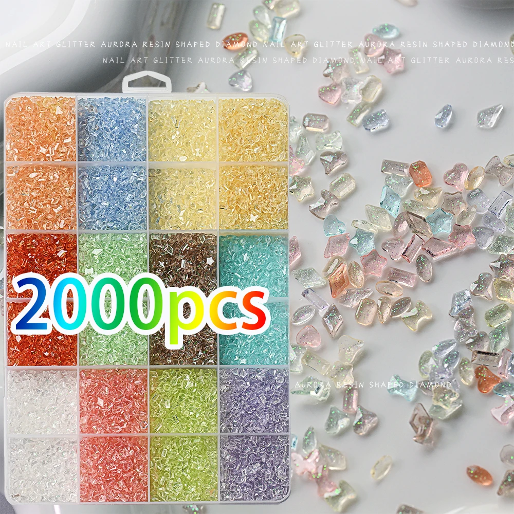 

About 2000pcs Broken Glass Stones Resin Fillings Crystal Nail Charms Mixed Heart Diamond Shaped with Glitter Nail Accessories﻿