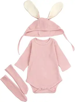 תינוקות יילוד תינוקות בנים בנות פסחא תלבושות צלעות 3D ארנב זנב Romper בגד גוף עם ארנב ארוך כובע אוזן ארנב תלבושת ארנב 6 best sales תלבושת פסח לתינוק - №2