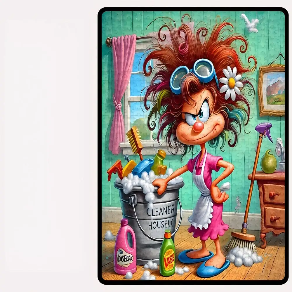 Vintage Oil Painting &Funny Cartoon Jigsaw Puzzle,Girl With Umbrella,Girl & Cat Bike,Bear & Boy,Housewife,Adult Family Game Gift view 4