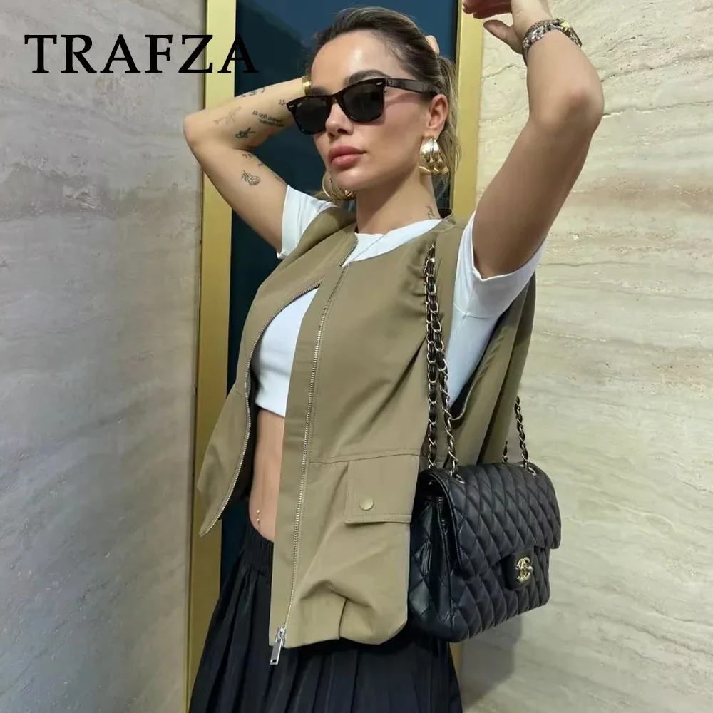 TRAFZA 2024 Spring Summer Casual Women Vests Fashion Vintage Solid Pockets Ruched O Neck Zippers Sleeveless Ladies Vests