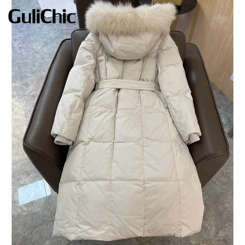 9.26 GuliChic Women Thick Warm White Goose Down Jackets 2024 Winter New Female Hooded Puffer Coats Fashion Casual Long Overcoat