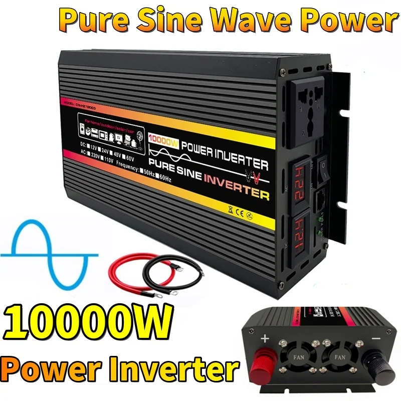 10000W Pure Sine Wave Power Inverter DC 12V 24V To AC 220V Inverter for Solar System Home Outdoor Car TV Fan