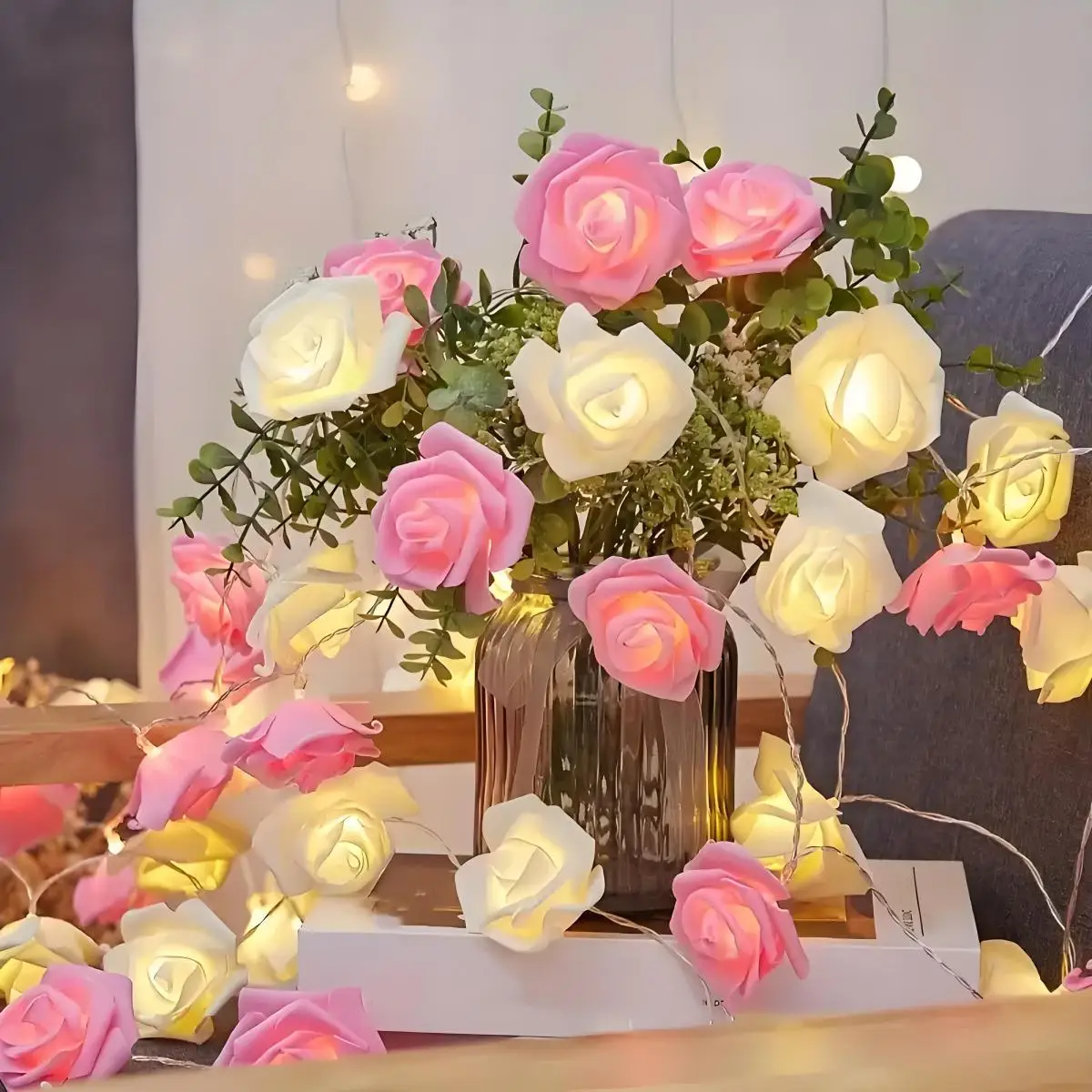 Luci a corda a forma di rosa a LED, alimentatore per batteria, fiori simulati, decorazione atmosferica, adatto per compleanni, matrimoni, festival