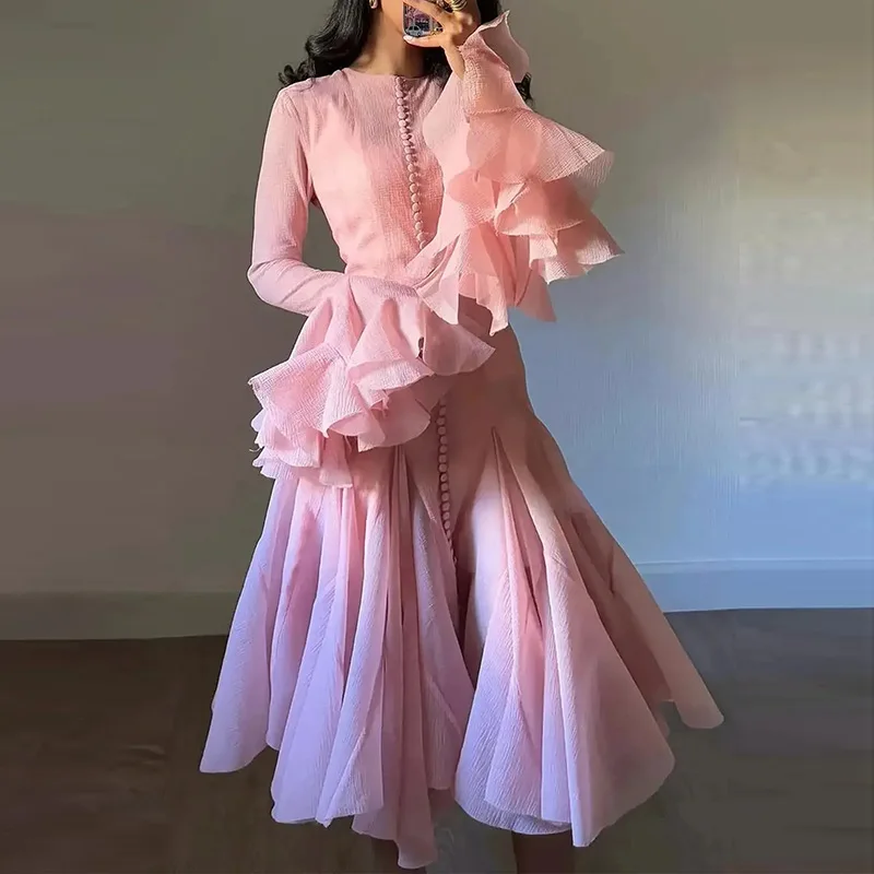 Hot-selling Ruffle Leaf Edge Dress Women's Summer 2026 New Fashion High-neck Long-sleeved High-end Waist Mid-length Dress