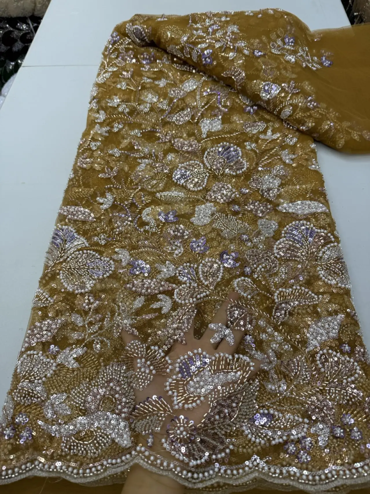 

Latest 2026 High Quality African Nigerian With Tulle Sewing Lace Fabric Guipure Embroidery Beads Dresses Sequins 5Yards JY518