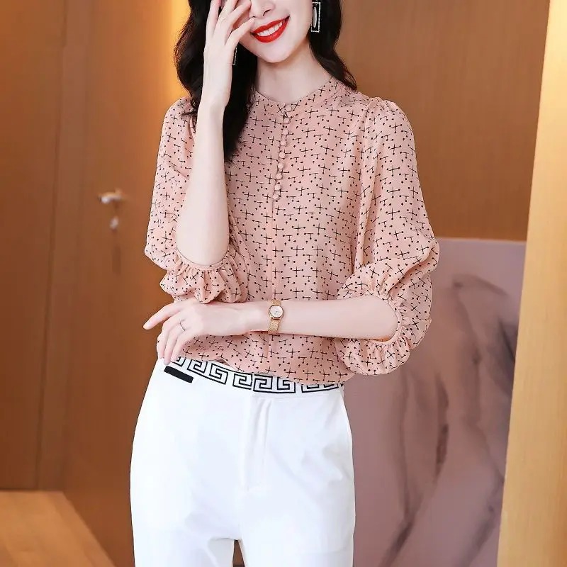 Office Lady Spring Summer Thin Stylish Printed Blouse Women\'s Clothing 3/4 Sleeve Casual Round Neck Button Loose Chiffon Shirt