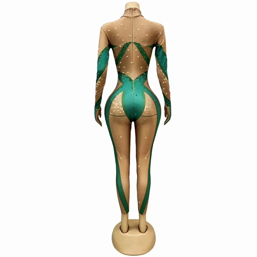 Women Fashion Green Jumpsuit Sexy Birthday Nightclub Singer Stage Pole Dancer Clothing leotard Stage Performance Costume