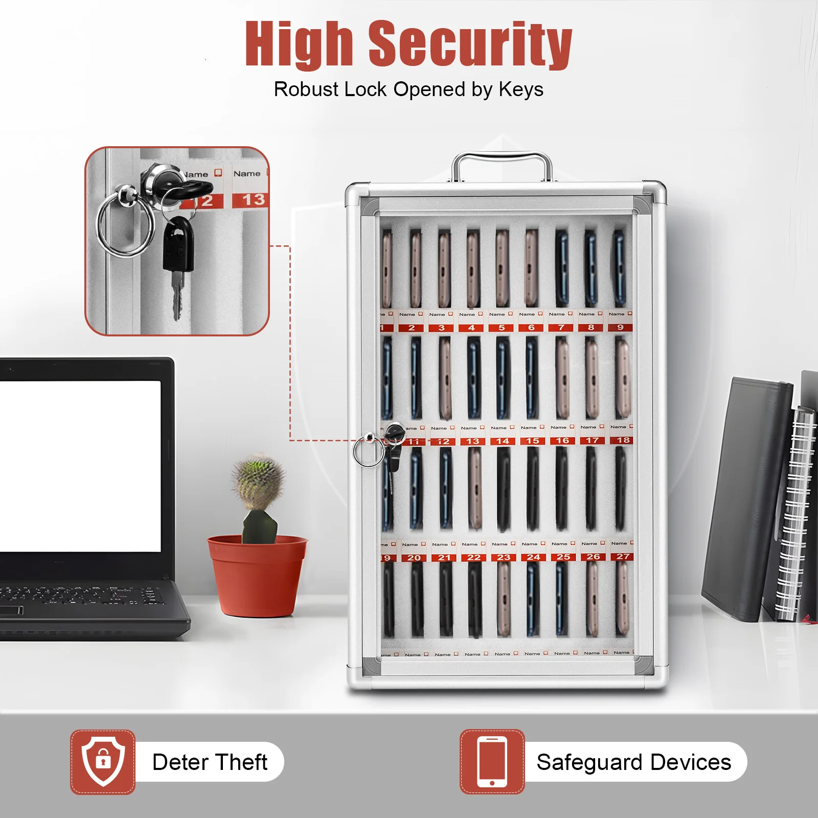 Armario de almacenamiento para teléfono, caja de almacenamiento para teléfono de aleación de aluminio con 36 ranuras, caja de seguridad para teléfono con cerradura, organizador transparente para teléfono móvil