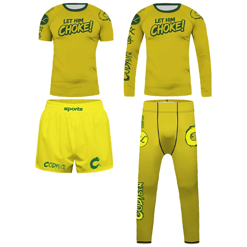 Bright Yellow Youth Boys Grappling Sport Suit Graphic Printed Lightweight Stretch Tops and Bottoms for Martial Arts BJJ Sparring