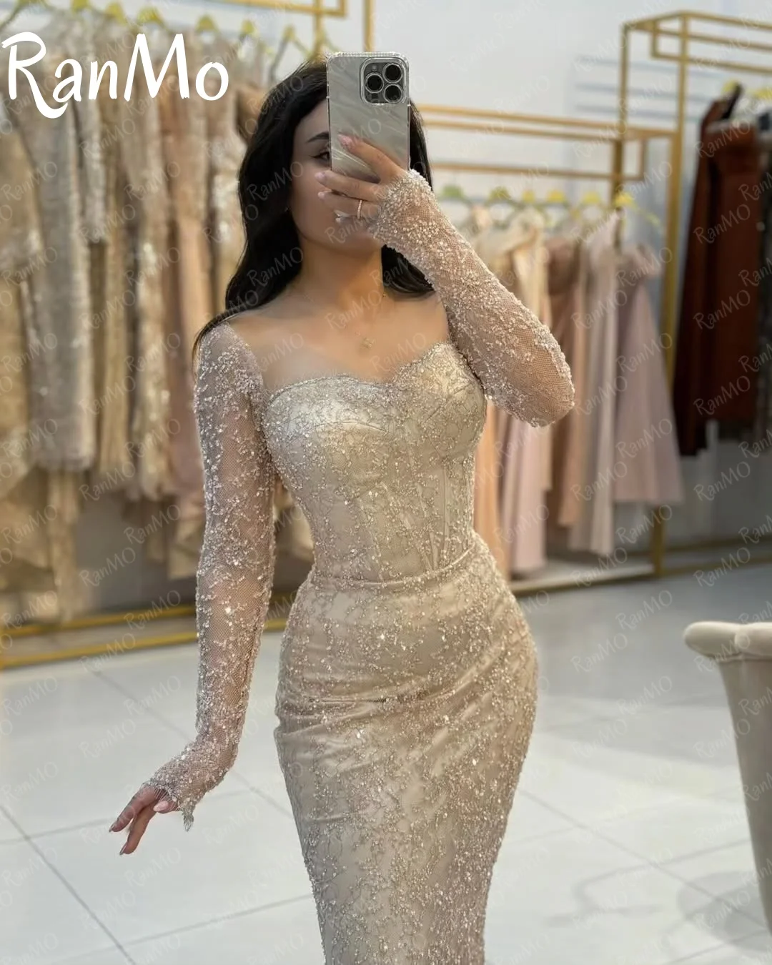 Ranmo 2025 Customized Modern Long Sleeves Prom Dresses Square Collar Beadings Flowers Floor Length Party Dresses Evening Dresses