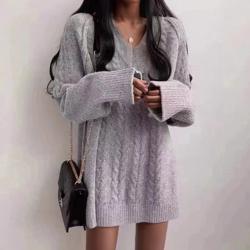 

V-neck Fashion Winter Women Long Sleeved Pullover Long Sweater Knitted Loose Korean Style Autumn Solid Color Casual Knit Tops