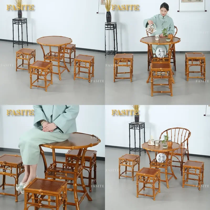 For New Chinese Style Bamboo Small Round Coffee Table Tea Side Table Household Living Room Furniture Natural Material Compact