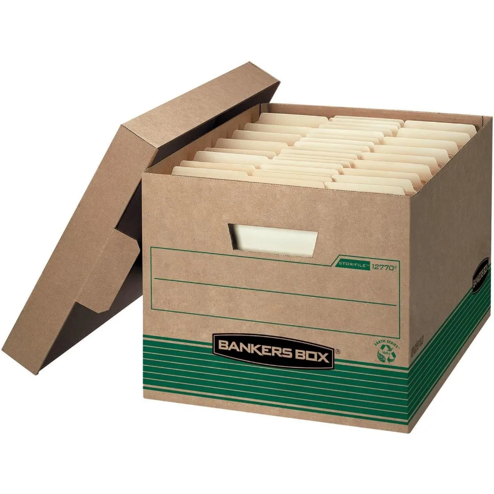 

Medium-Duty Recycled File Boxes, 20-Pack, FastFold Design, Lift-Off Lid, Letter/Legal Size, Kraft and Green Color