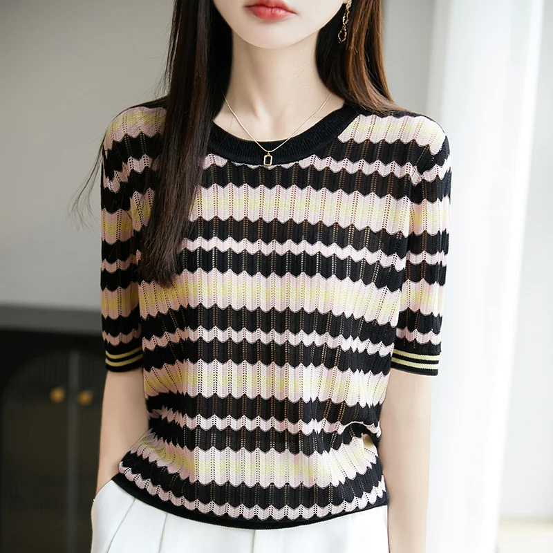 

ZOCEPT 2025 Summer Round Neck Jacquard Stripe Color Block Short Sleeve Knitted T-shirt Women's Casual Tencel Thin Top T-shirts
