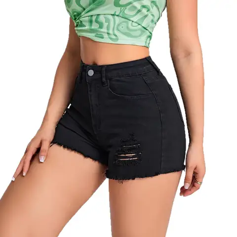 पेट पर नियंत्रण रखने वाले रिप्ड शॉर्ट्स, हाई वेस्ट स्ट्रेच डेनिम हॉट पैंट, महिलाओं के लिए काले स्लिमिंग चीकी शॉर्ट्स, गर्मियों में क्लबिंग आउटफिट के लिए 10 best sales काली जींस शॉर्ट्स - №9