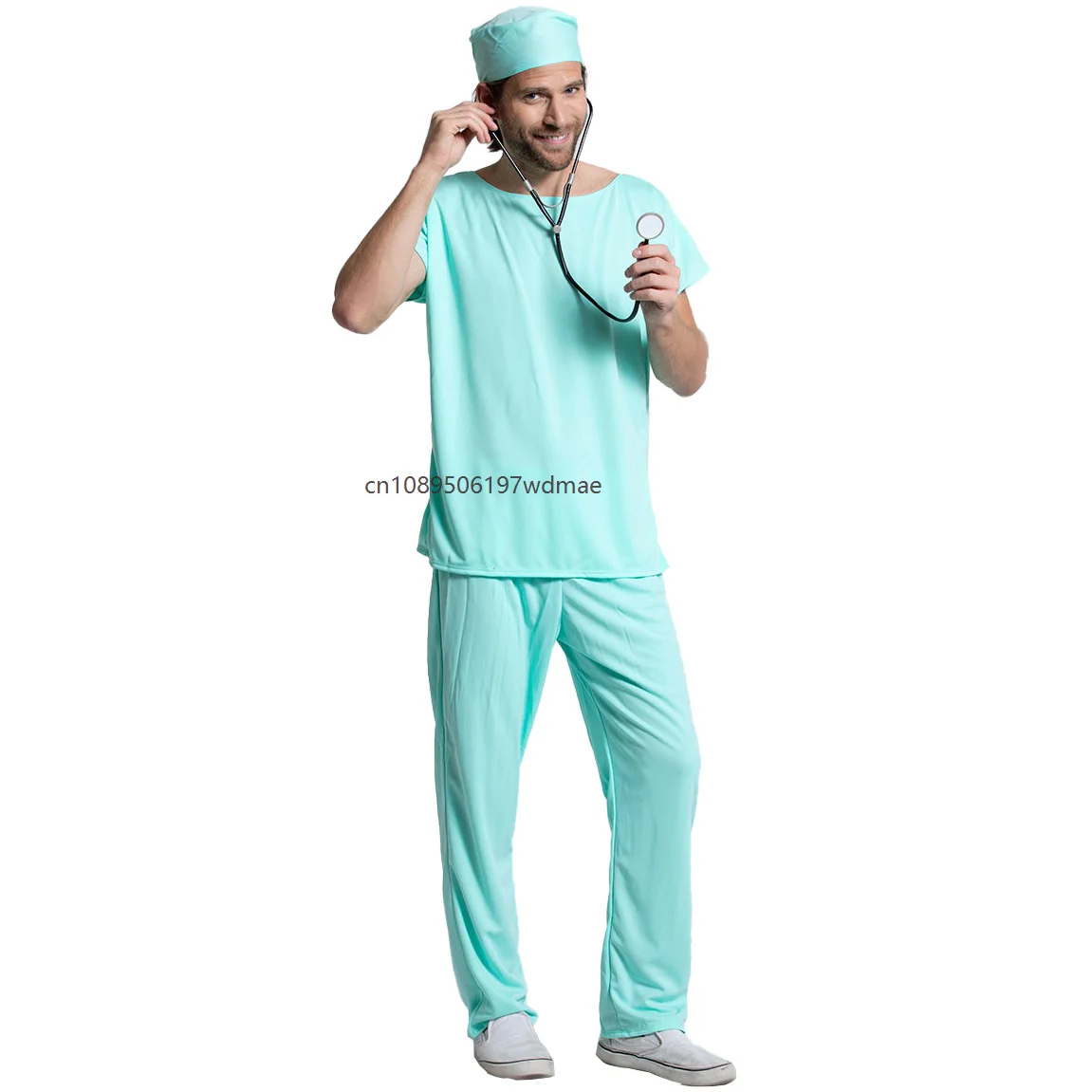 Adult Men Surgeon Doctor Scrub Costume Mint Green Short Sleeve Top Pants with Cap Masquerade Fancy Dress Medical Cosplay Outfit