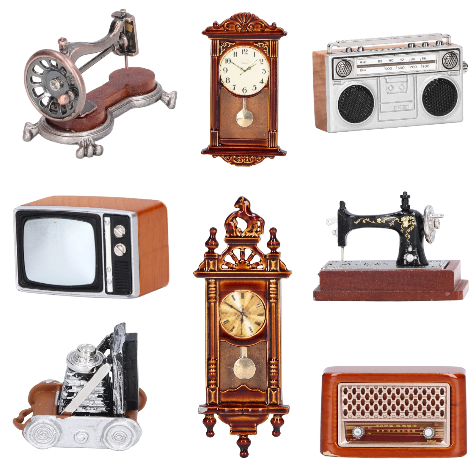 1:12 Vintage Dollhouse Wall Clock Radio TV Sewing Machine Vintage Camera Mirror Photo Frame Wooden Miniature Doll House Decor