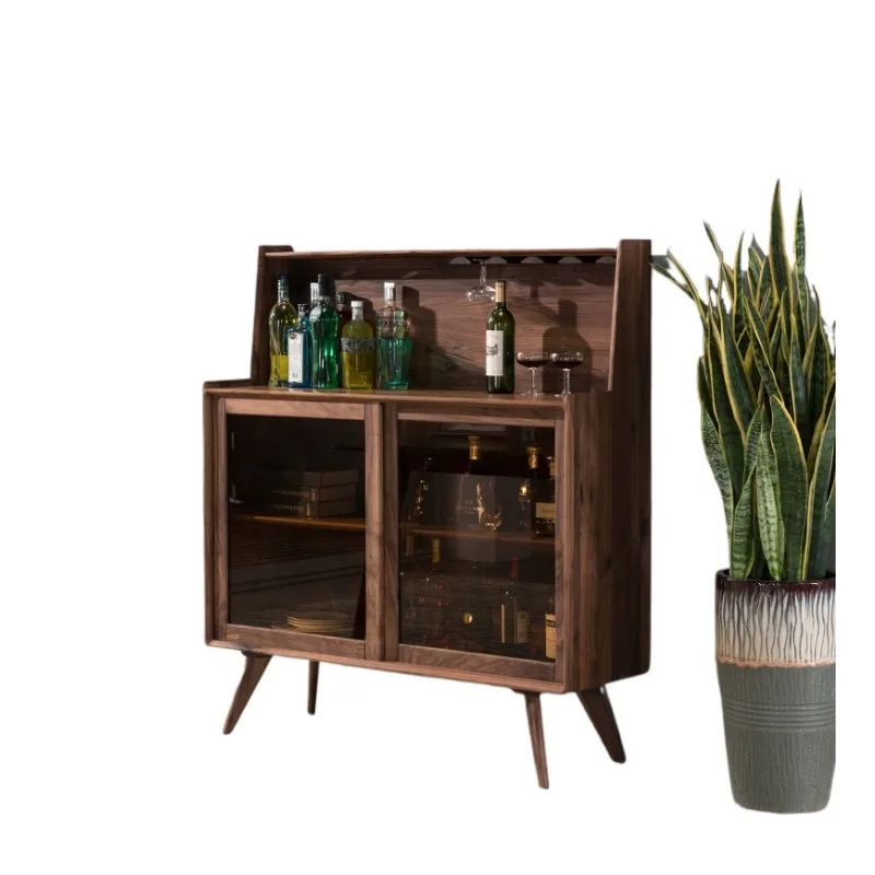 Nordic all-black walnut solid wood glass side cabinet wine cabinet, multi-functional storage small apartment furniture can hang