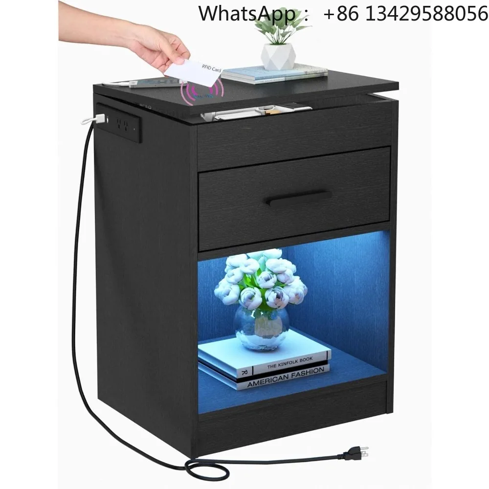 Nightstand With Charging Station, Led Lights Concealment Furniture Design, Rfid Lock Cabinet Power Outlets