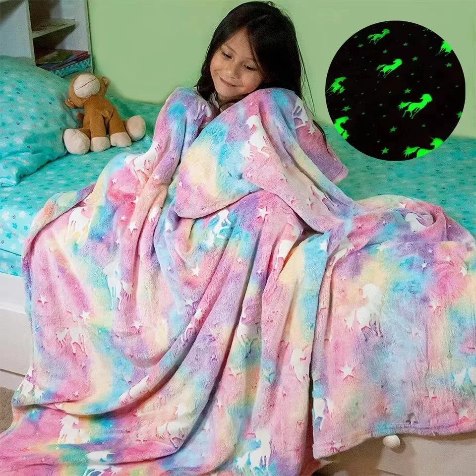 

1pc Glow In The Dark Unicorn Blanket Kids Birthday Soft Flannel Plush Rainbow Horse Throw, Unicorn Room Decor For Girls Bedroom