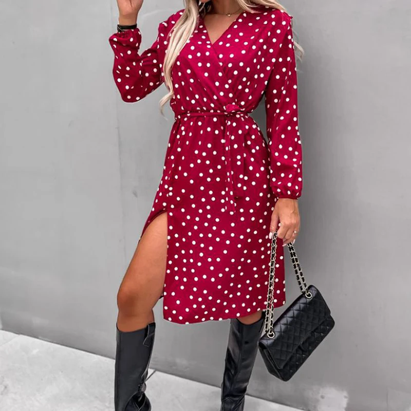 Fashion Polka Dot Printed Midi Dress Elegant V-neck Lace-up Waist Split Beach Dress Women Casual Long Sleeve Office Party Dress