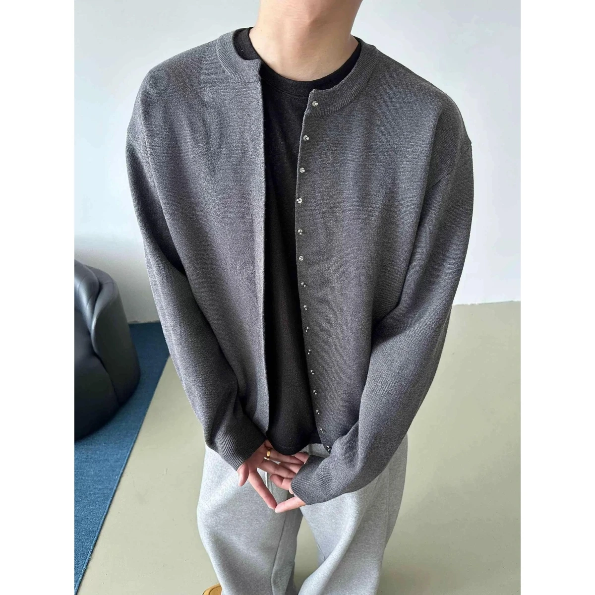 

American Retro Casual V-Ne Knitted Sweater Men's Color Open Cardigan Soft Polyester Long Sve Winter Outerwear