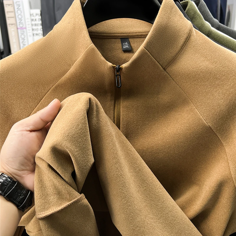2025 الرجال الألمانية المخملية الخريف والشتاء جديد نصف سستة الوقوف طوق هوديي موضة عادية بلون أسفل قميص