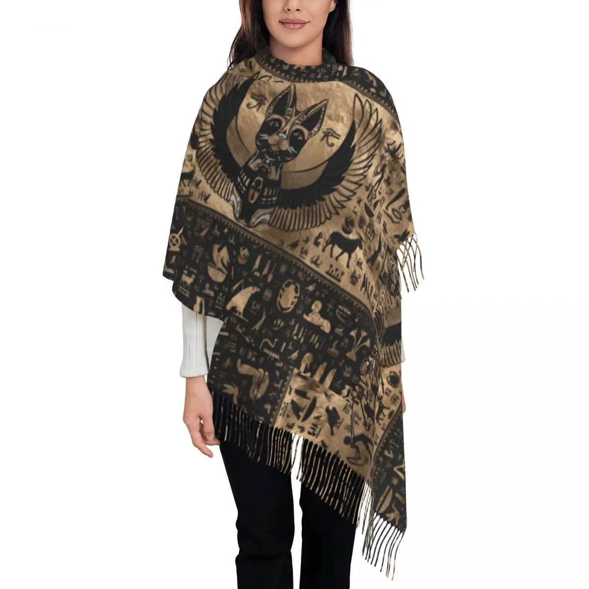 

Custom Print Egypt Egyptian Cat Goddess Scarf Women Men Winter Fall Warm Scarves Hieroglyphic Shawl Wrap