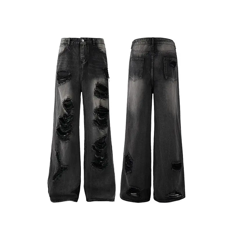 

American Retro Design Loose Jeans Men Women Straight Leg Pants High Street Sle Premium Feeling Denim with Hole Distred