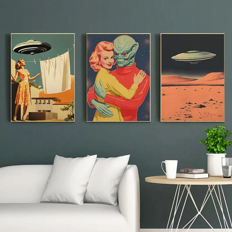 UFO Flying Saucer Alien Drink Coffee Art Print Poster Cow Abduction Canvas Printing Print Retro Sci Fi Wall Art Funny Home Decor