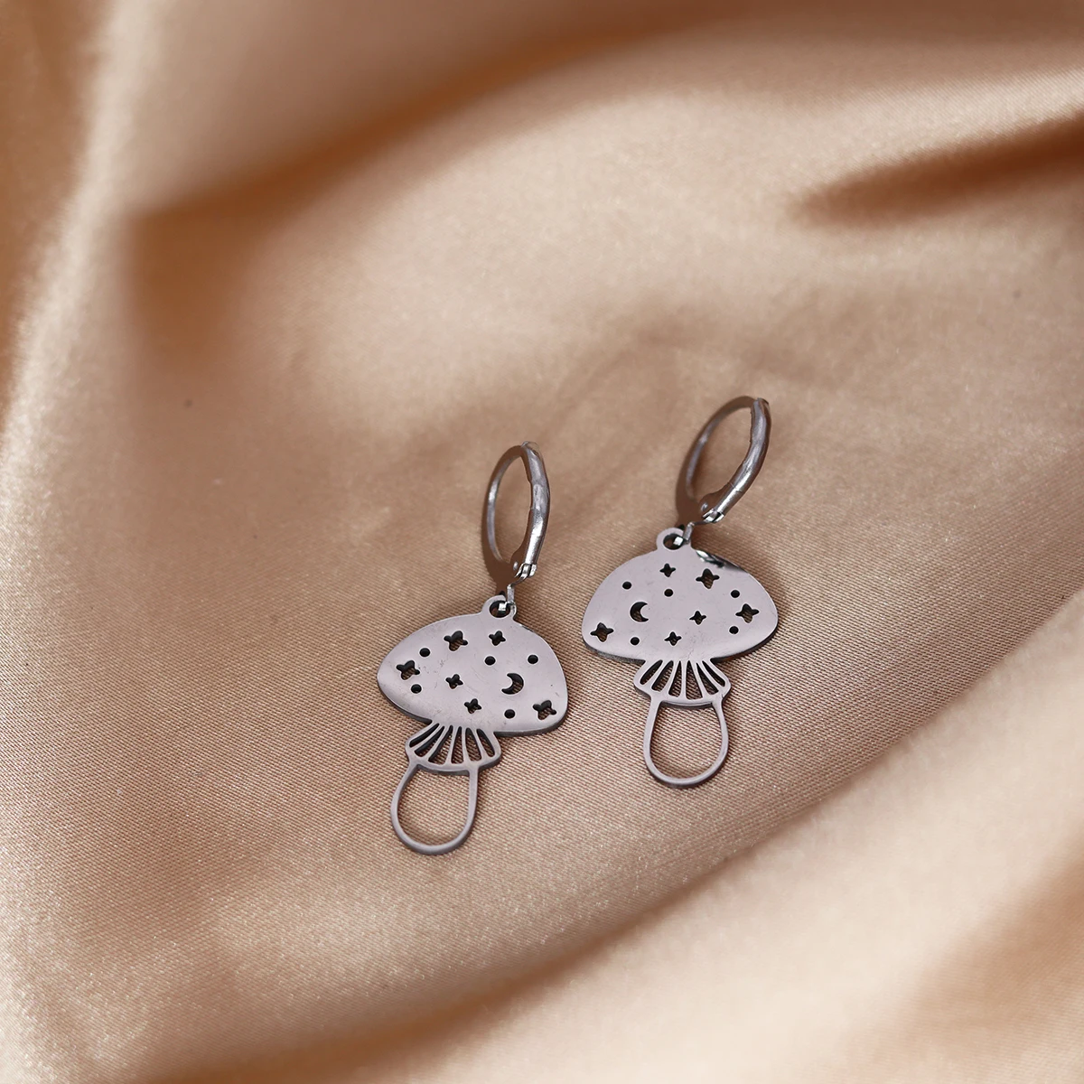 CHENGXUN Stainless Steel Mushroom Pendant Earring Moon Stars Celestial Bodies Mushroom Charm Hoop Earrings for Women