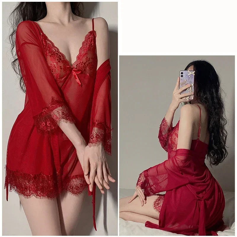 Top Fashion Four Piece Sexy Suspender Sleep Dress Lace Transparent Night Dress Spaghetti Strap Nightdress Women Nightgown Dress