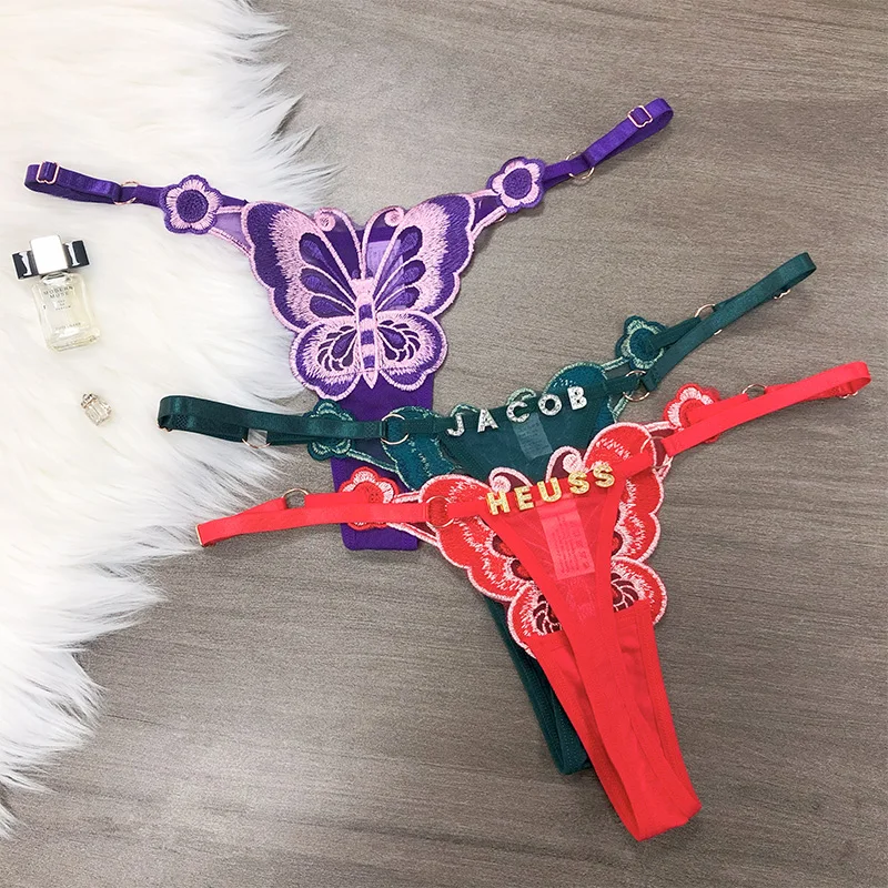 Customized Letters Sex Lace Thong Femme Butterfly Low Waist Panties G- Strings Underwear Adjustable Waist Panties Hot Wife Gift