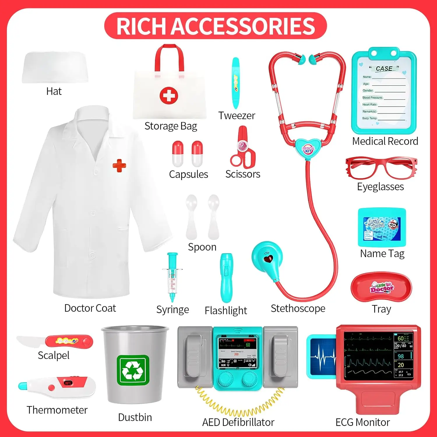 Doctor Cart Toy Pretend Play Medical Station Set with Mobile Cart Lights Stethoscope Doctor Role Play Toys for Kid Boys Girls 3+