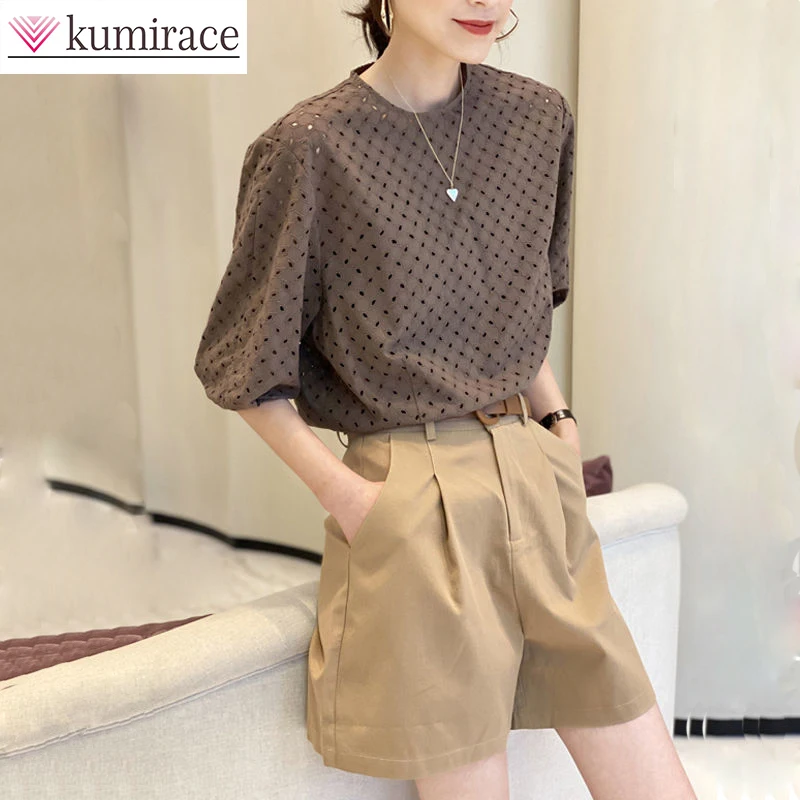 Summer 2023 New Heavy Industry Embroidery Hollow T-shirt Women's Set Medium Sleeve Top Wide Leg Shorts Two-piece Shorts Set